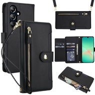 Card Slot Case For Samsung With diagonal strap lanyard Flip Leather Cover With Card Holder Mobile Ph