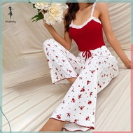 FUJIAS2🦋 Thời trang mới của phụ nữ nhà hoa ren Pajama Set quần in quần áo nhà