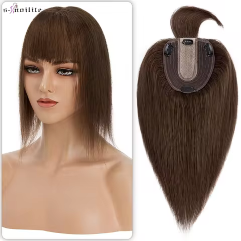 S-noilite Natural Hair Topper Wig for Women 10x12cm with Silk Base 3.5x9cm Human Hair Piece with Ban