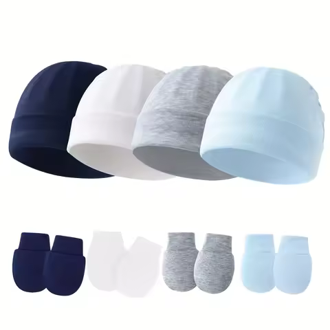 4set Cute Baby Mittens Newborn, No Scratch Baby Boy Mittens, Baby Girl Hat Gloves for Toddlers, Infa