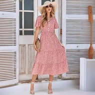 [Ready Stock Goods, Same Day Delivery] eBay Women's V-Neck Lotus Leaf Sleeve Printed Dress Fashion F