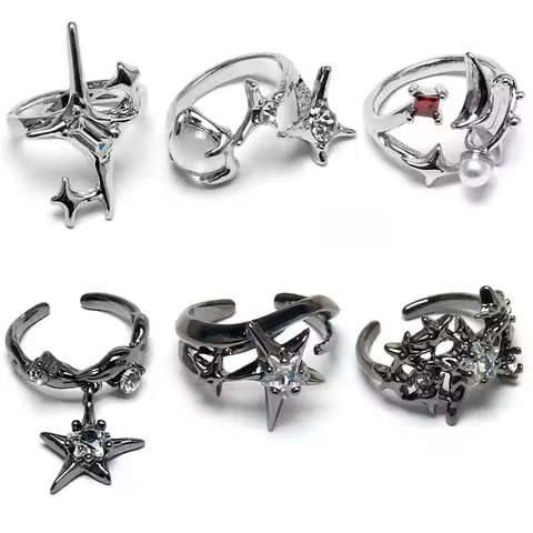 6Pcs/Set Y2K Gothic Punk Irregular Opening Ring Set Fashion Charm Men Women Rings Clothing Jewelry A