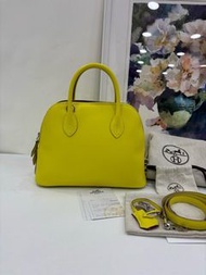 👜Hermes  Bolide 25 Lime with Hermes Orange PHW Stamp B with receipt Unused 愛馬仕bolide 25 保齡球包，檸檬黃內拼愛馬