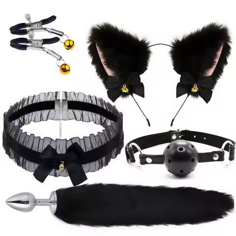 5 In 1 Fox Tail Butt Plug Set Cat Ears Headband Choker Ball Gag Nipple Clamps BDSM Cosplay Pet Play 