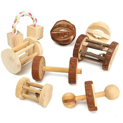 1Pc Natural Pine Dumbells Unicycle Bell Roller Chew Toys For Rabbits Guinea Pigs Rat