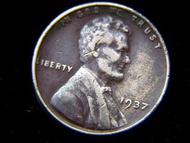 銅幣-1937年美國林肯總統(Lincoln)像麥穗(Wheat design)壹仙(Cent)銅幣