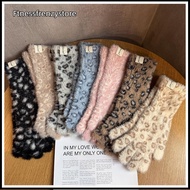 [FF] Fashion Leopard Print Plush Knitted Gloves Winter Warm Full Finger Long Gloves Wool Touchscreen