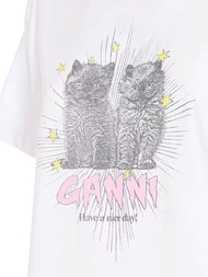 เสื้อยืดแขนสั้นพิมพ์ลายตัวอักษรแมวสีชมพูและขาว GANNI ฤดูใบไม้ผลิและฤดูร้อนสำหรับผู้หญิง ทรงหลวม สวมใ