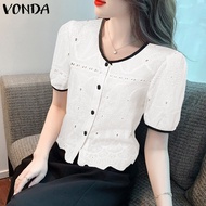Fancystyle VONDA เสื้อลำลองมีกระดุมสำหรับผู้หญิงเสื้อคอกลมแขนพองสั้น