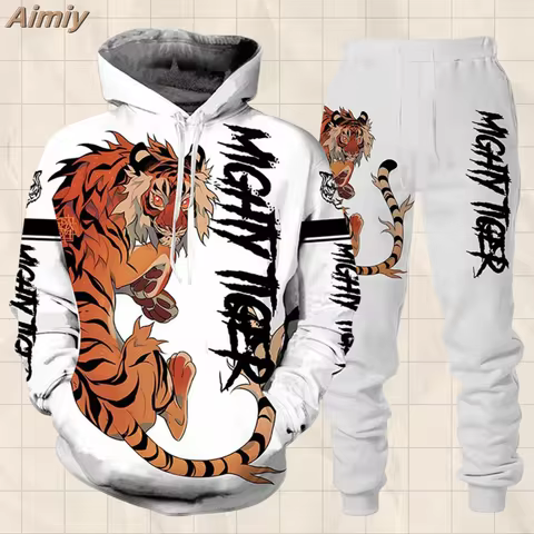 Tracksuit Men Animal 3D Tiger Printed Hoodie + Pants Suit 2 Pcs Sportwear Mens Tracksuit Set Men's C