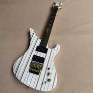 Schecter กีตาร์ไฟฟ้าสีขาวโครงกระดูกฝังกีตาร์มืออาชีพ (แถบสีทอง/ลายเส้นสีดำ)