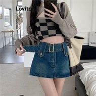 Lovito Casual Plain Belted Metal Denim Skirts for Women