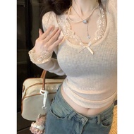 sweater korean style rodeo sweater sweater women Lace Stitching U-Neck Sweater - Apricot Skinny Top 