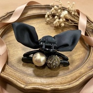 Rhinestone Pearl Bow Grab Clip, Women's Black Rabbit Ear Hair Clip Headdress