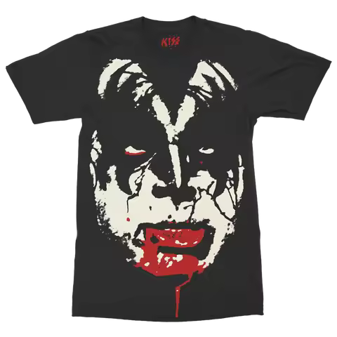 KISS Dark Stage Makeup Face Official T-Shirt – Monochrome with Red Blood Drip Graphic Print, Gothic 