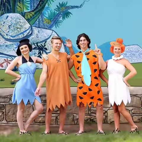 Adult Fred and Wilma Flintstone Costume Set Women Wilma Dress Include Necklace with Wig Man Caveman 