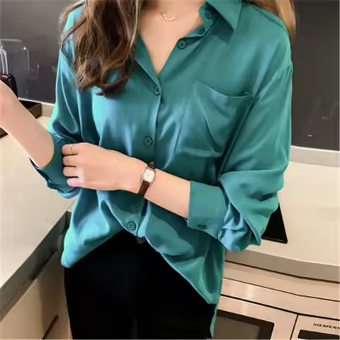 2019 Blusa Women Blouse Elegant Red Green Satin Shirt Turn Down Collar Female Formal Office OL Blous