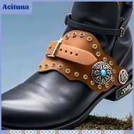Acituna Blue Center Ornament Western Spur Straps Pointed Tab Leather-Like Spur Straps Metal-Tone Cow
