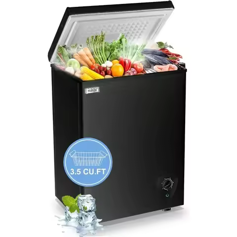 Chest Freezer Small Deep Freezer WANAI 3.5 Cu.Ft Mini Black Free-Standing Top Door Adjustable 7 Ther