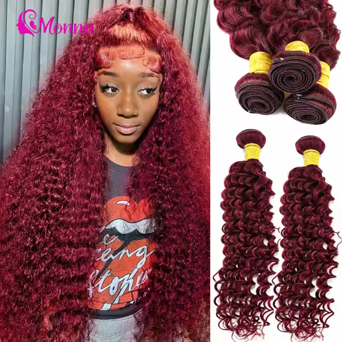 #99j Deep Curly Wave Bundles 28 30 Inch Burgundy Color Human Hair Bundles Brazilian Remy Hair Weavin