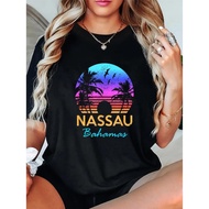Women's Nassau Bahamas Vintage Tropical Beach T-Shirt - Black Vacation Tee with Pink & Blue Gradient