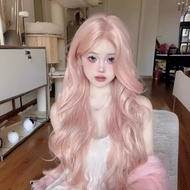 Yk002 Wig Female rose rose Pink Long Hair Middle Eight-Character Bangs Big Wave Long Curly Hair Infl