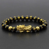 ➹Never Fade Stainless Steel Golden Pixiu Obsidian Bracelet Feng Shui Natural Stone Wealth Bracel ♀♚