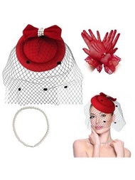 1套4件紅色配件女士羽毛禮帽，配面紗，魅力復古網紗帽，附花邊手套、假珍珠項鍊，適用於1920年代或1950年代復古下午茶派對，雞尾酒宴會，禮帽組合