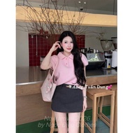 QCCC Premium Polo Collar Pink Short-Sleeved Sweater Cardigan Woman Knitted Sweater Polo Cardigan Wom