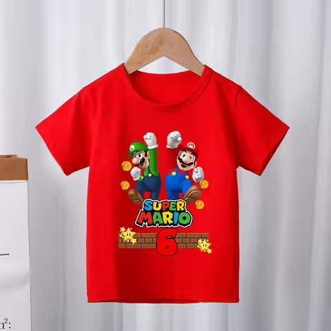 Super Marios Bros Short Sleeve T-shirt Anime Number 1-9 Tee Boys Girls Birthday Party Supplies Cloth