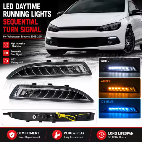 LED Daytime Running Lights Sequential Turn Signal For Volkswagen Scirocco 2009-2014 Front Bumper Lam