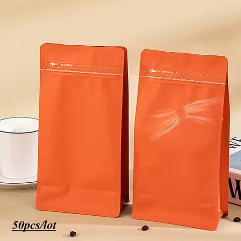50pcs Wholesale Coffee Packaging Bags with Valve 125g 250g 500g 1kg Orange Aluminium Foil Side Gusse