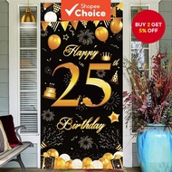 Black gold 25th birthday door banner for man woman