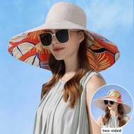 D9 7F 2 18Cm 2 Large Brim Women Sun Hat Ury Double Sided Wearable Plant Printing Cotton Bucket Cap