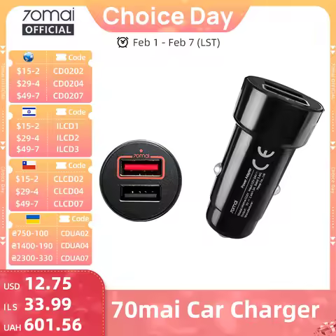 70mai Dual USB Car Charge Mini 2 USB Port 70mai Car Charger 70MAI Dual USB Car Adapter for All 70mai