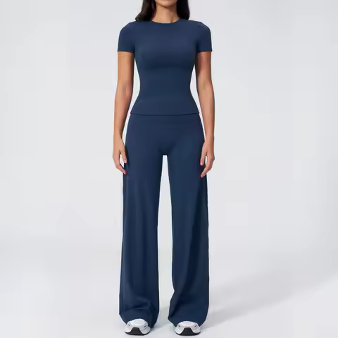 Yoga Set 2 Pieces Women's Tracksuit Short Sleeve O Neck Slim Sports T Shirts High Waist Flare Leggin