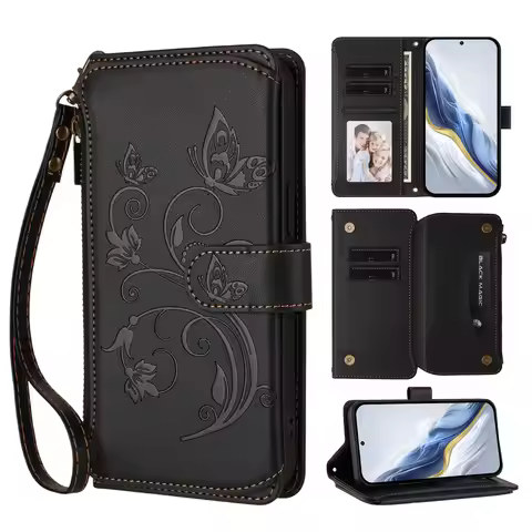 Butterfly PU Leather Zipper Wrist Strap Flip Wallet Card Slot Phone Case For Xiaomi POCO X8 Pro Max 
