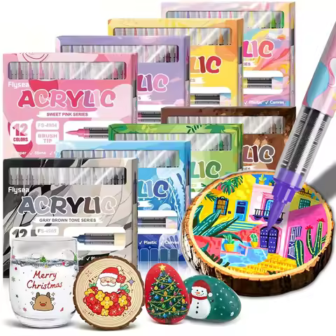 12 Colors Acrylic Marker Set Permanent Markers with Brush Tip Acrylic Painting Marker for Stone Glas