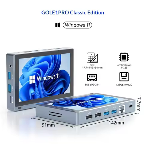 GOLE1 Pro 5.5" Touch Mini PC, Intel J4125, 8GB 128GB, Win11, Dual 4K HDMI, WiFi5 BT5.2, Gigabit LAN,