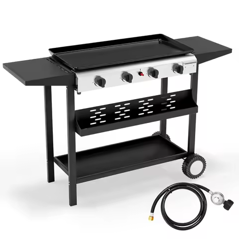4 Burner Portable Propane Griddle with Electronic Ignition, 40000 BTU Rolling Flat Top Gas Grill wit