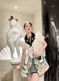 MYT x BLT SPECIAL : [BT370] : เซ็ตเดรสสีชมพูแขนสั้นมากับกระโปรงสก๊อตดำ พิมพ์ลาย