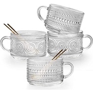Vintage Glass Coffee Mugs Set of 4, 14 Ounces Embossed Glass Coffee Cups Stackable Coffee Mugs for C