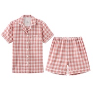 Summer plaid 2 piece night sleepwear cotton pajama short set for women men