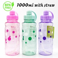 READY STOCK BPA FREE 1000ML New Sport Drinking Water Bottle with Straw Plastic Water Drinking Bottle