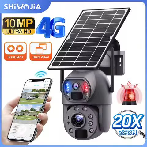 SHIWOJIA Solar Camera 4G Sim 5K 10MP 20X Zoom Dual Lens Recording Humanoid Tracking Outdoor WIFI Cam