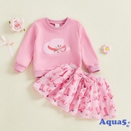 AQQ-Girl Outfit Long Sleeve O Neck Cowgirl Embroidery Tops Boots Print Skirt Set