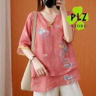 wq CNY 2024 Chinese New Year Red Cheongsam Blouse Loose Long Sleeve Lady Shirt Plus Size Blouse