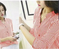 kemeja lengan panjang wanita motif garis full kancing depan  /atasan wanita /pakaian wanita /kemeja 