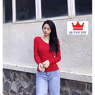 ( Xả Kho Giá Vốn ) Áo thun nữ cổ tim tay dài , áo thun trơn cotton đẹp, dễ mặc dễ phối đồ, mặc bốn m
