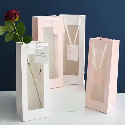 6/12pcs Flower Gift Bag With Transparent Window For Mother's Day Valentine's Day Wedding Women's Day
